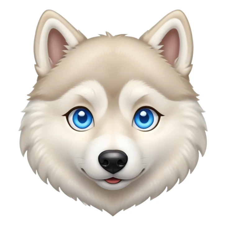 Beige husky with blue eyes and a big heart sticker