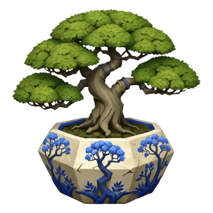 American very old broken cracked intricate Stone Age rocky-crusted dodecahedron-shaped shallow dark moss rough bark blue willow flower maple tree bonsai pot sticker
