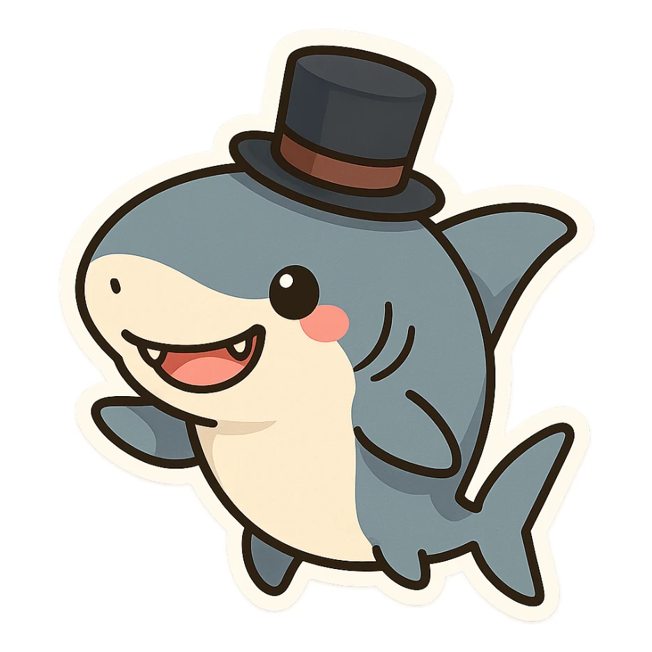 a fun and whimsical shark wearing a top hat, playful and cute character, chibi stickers style sticker