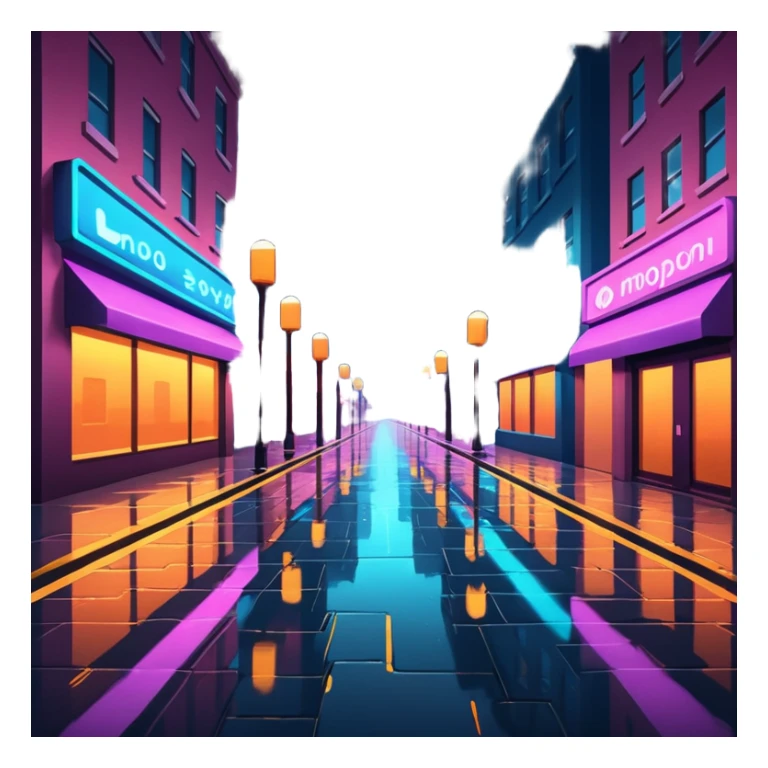 Empty neon-lit city streets glowing at night, white light reflecting sharply on wet pavement sticker