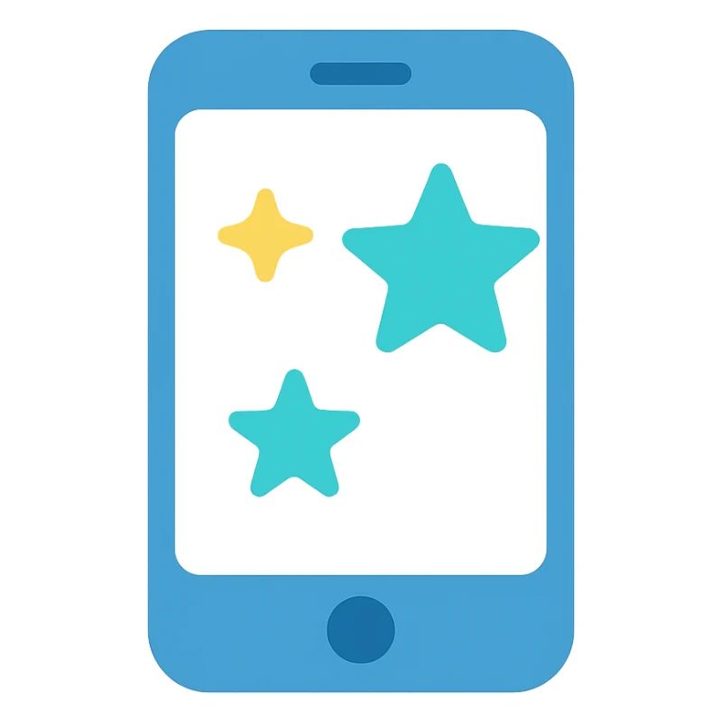 Smartphone icon with three stars, flat emoji style, outline with blue and turquoise colors, screen filled solid white sticker