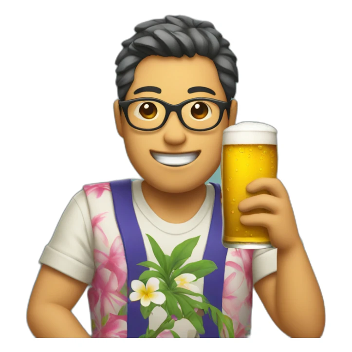 Japanese wearing glasses alohashirt is holding beer sticker