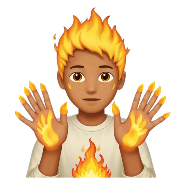 A boy with his entire hands made out of fire sticker