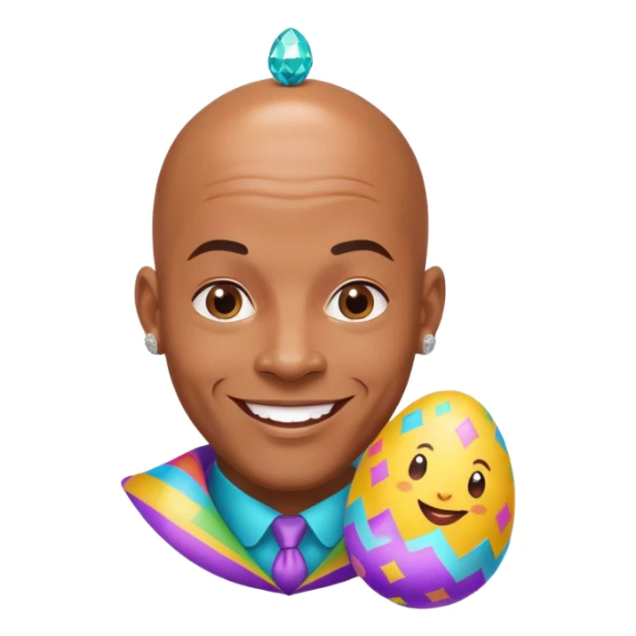 smiling bald African American man with diamond stud earrings popping out of an Easter egg sticker