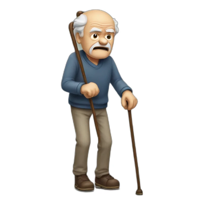 Old man leaning on a walking cane and holding his crancky back with his hand, grumpy face, detailed sticker