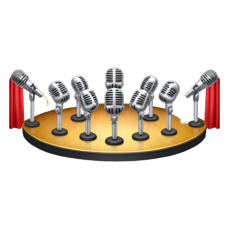 Create a vibrant and dynamic emoji that represents choral vocal performance. The design should feature 10 vintage stage microphones arranged in a semi-circle on a concert stage, symbolizing a vocal group or choir. Add musical notes flowing around the microphones to represent harmony and unity in the performance. Include concert lighting and a celebratory atmosphere to convey the excitement of live music. Use bright, bold colors like red, gold, and silver to emphasize the energy and glamour of the stage. The background should be transparent. sticker