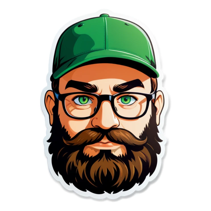 A man with a baseball cap, green eyes, big beard and glasses sticker