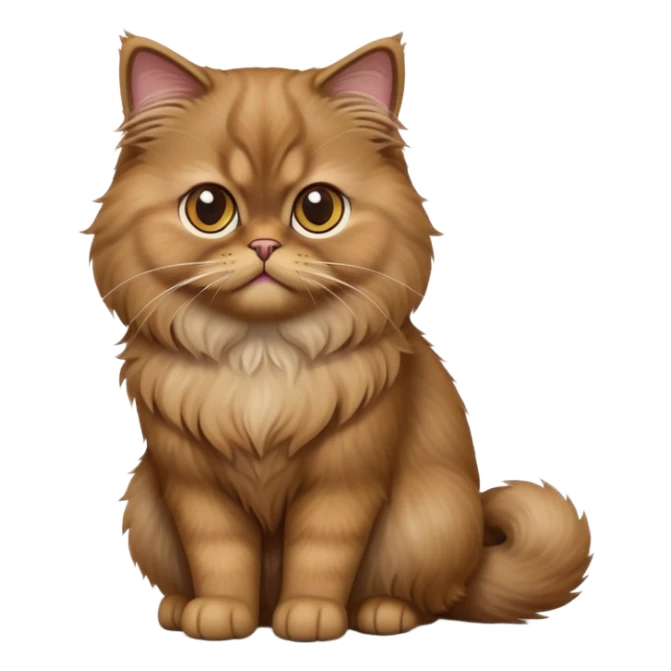 cinematic-[brown persian cat]-realistic-full-body-sitting-emoji,-tail-curled-playfully-around-its-paws,-head-tilted-dramatically,-fluffy-[brown]-fur,-simplified-yet-realistic-focused-features,-highly-detailed,-glowing-with-an-almost-sarcastic-glow sticker