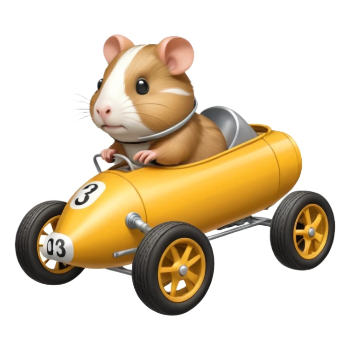 Special air-cooled three-cylinder race car whose frame and suspension is made of shopping cart material with a large rear-mounted gas tank, and rear spoiler, is being piloted by a small Guinea pig sticker