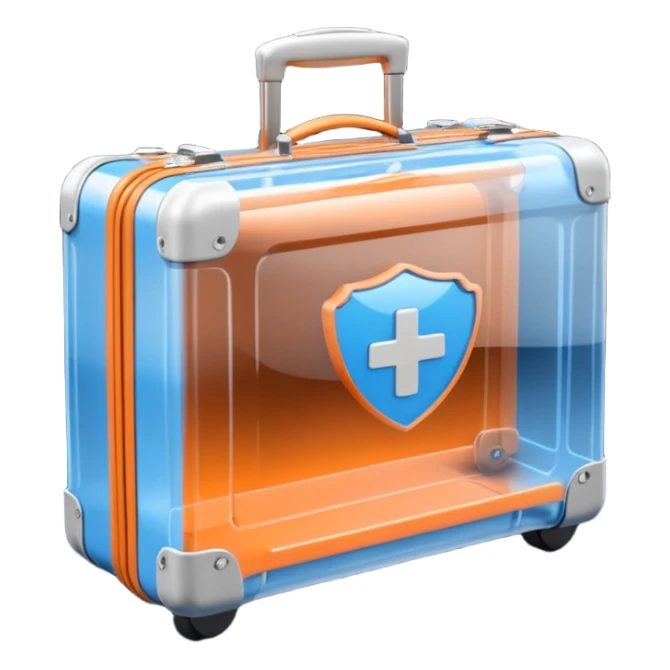 3D render of Suitcase Scan, X-Ray imaging aesthetic, translucent materials showing internal structure, orange and blue airport security style scan of a bag, medical scan style, emoji style, isolated on white background --v 6.0. sticker