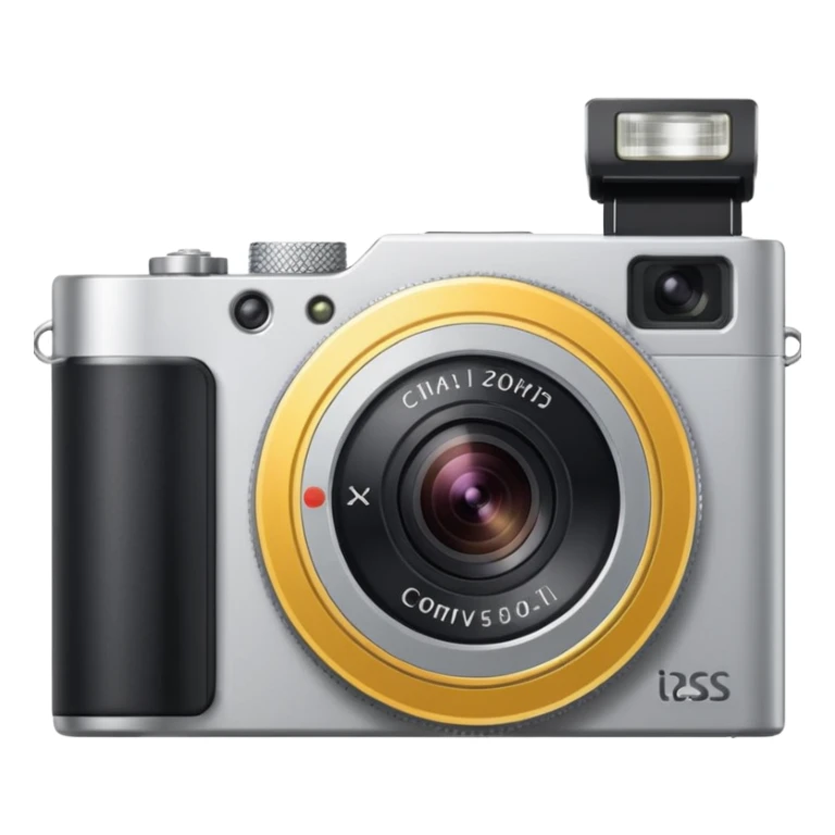 compact silver digital camera with a circular extended lens, metallic finish, small built-in flash and minimal buttons. sticker