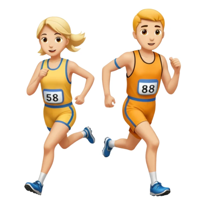 A man and a woman competing in a footrace, wearing bib numbers sticker