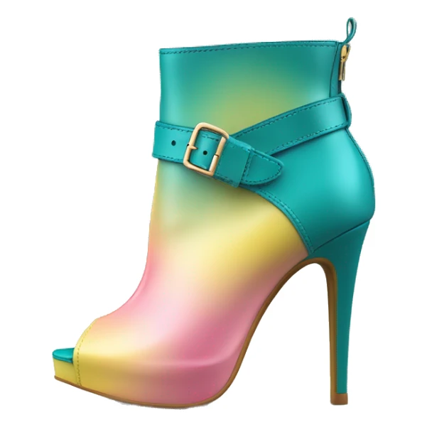 Realistic isolated top view of a pair of dark turquoise paste yellow and light pink ombre peep toe high heel ankle bootie boots.  sticker