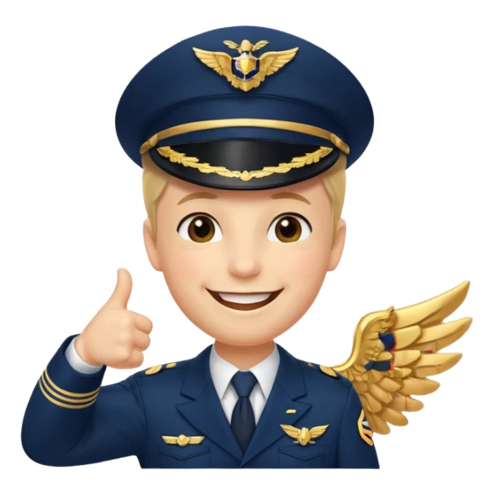 Slack-style emoji of a pilot wearing a slightly tilted navy captain hat with gold wings, giving a thumbs-up, big cheerful smile, eyes closed or happy squint sticker