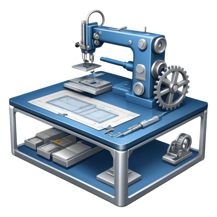 An icon featuring an engineer’s desk with blueprints, a ready machine, and microchips, symbolizing engineering. The design includes gears, tools, and a caliper, representing the design and construction of innovative technologies. Transparent background highlights the precision sticker