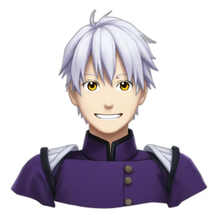 Satoru Gojo with his blue eyes,long medium white hair, a big friendly smile, dark violet uniform from jujutsu kaisen sticker