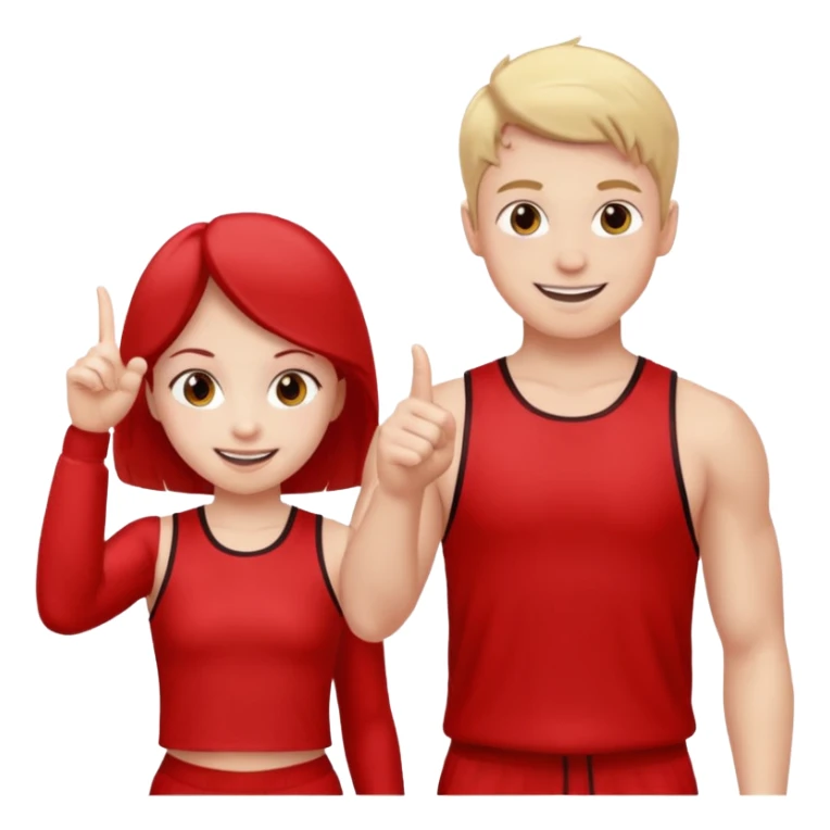 Girl and boy in red gym clothes who points out sticker
