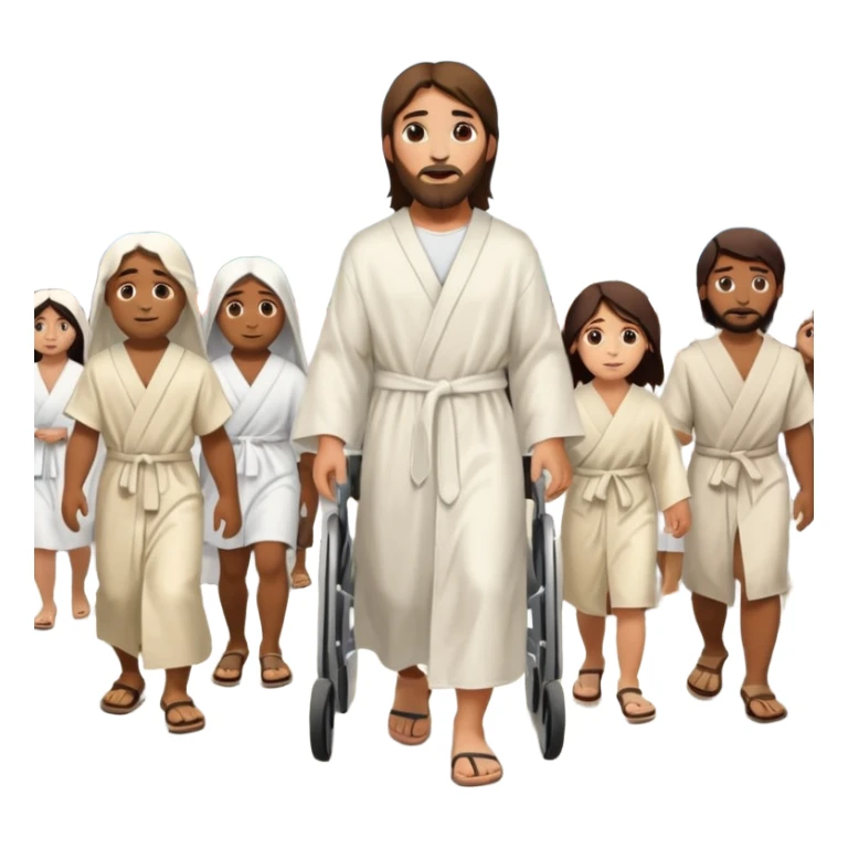 Jesus walking on a busy city street with a multicultural crowd, including people in wheelchairs and with different skin tones sticker