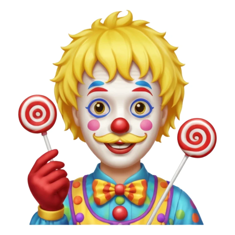Funny clown — yellow wig, mustache, candy in hand sticker