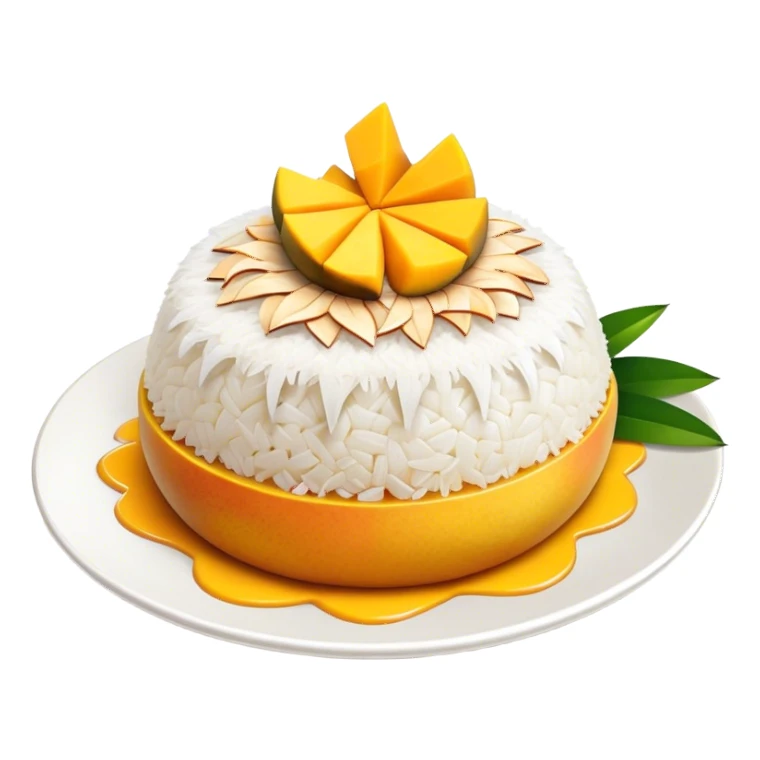 Mango Sticky Rice Cinematic Realistic Mango Sticky Rice Dessert Emoji, depicted as sticky rice drizzled with coconut milk topped with a layer of coconut cream, accompanied by sliced mango on the side of the plate, rendered with vivid textures and warm, tropical lighting. sticker