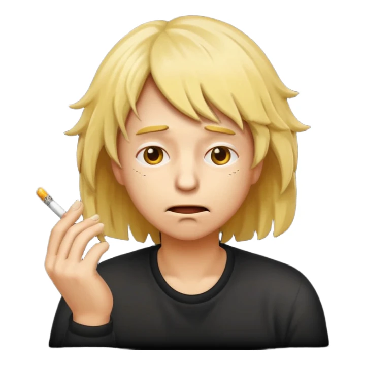 stressed classic yellow emoji looking down shaking head wearing a disheveled wig with a cigarette in hand sticker