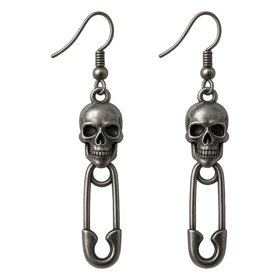goth earrings with safety pin, punk gothic, metallic silver sticker