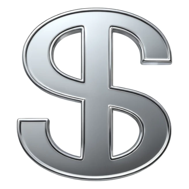 A double dollar sign emoji made of polished silver chrome, smooth metallic surface, glossy reflections, luxury swag vibe, minimal iOS emoji style, centered on white background sticker
