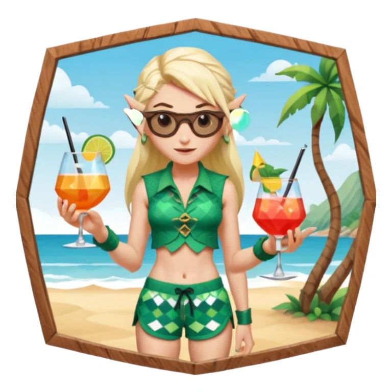 elf female legolas portrait, patterned board shorts (geometric/abstract), unique wooden-framed sunglasses, undercut hairstyle, slight smirk, visible pointy ears, no background, centered emoji, hipster summer vibe coctails  sticker