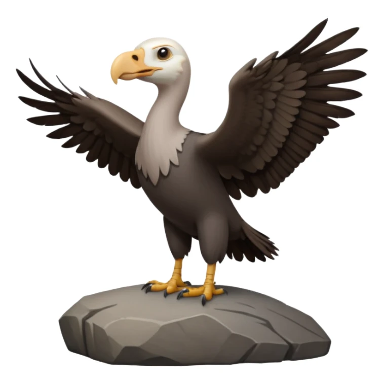 a vulture — large bird with dark brown feathers, bald WHİTE head, curved beak and sharp eyes — standing proudly on a rock — wings slightly open — realistic yet cute cartoon emoji look, clean lighting, soft shadows. sticker