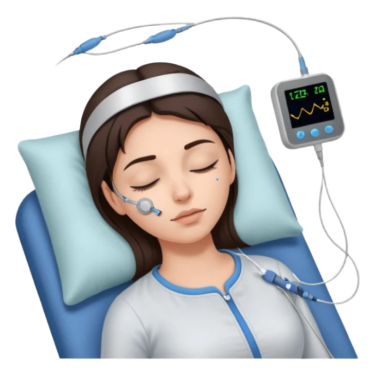 brunette woman sleeping polysomnography sleep test with electrodes attached to head sticker