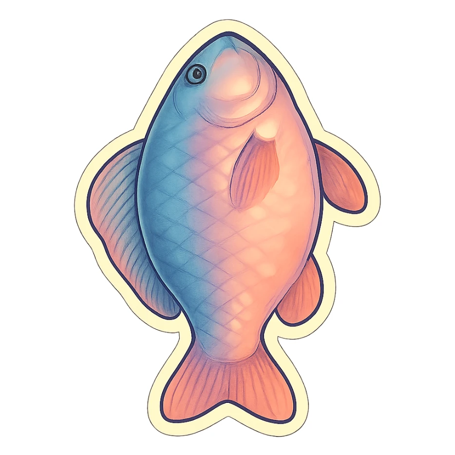 ordinary fish top view, very detailed and finely drawn, thin clean contours, soft rounded shapes, pastel palette #98B5BC, #B5B3C1, #C9A3C9, #E4C0CA, #F7DCD1, #F7C0AA, complex shadows and highlights, soft lighting, transparent background, minimalism, not cute, no decoration sticker