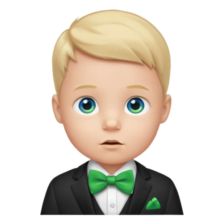 baby boy blue eyes, in suit, with green bow sticker