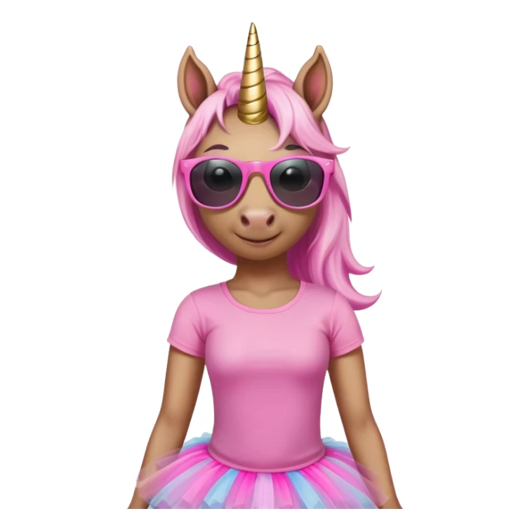 friendly anthropomorphised female unicorn with horse-like face, in tutu and pink t-shirt, wearing dark sunglasses, relaxed pose, close-crop head and shoulders portrait sticker