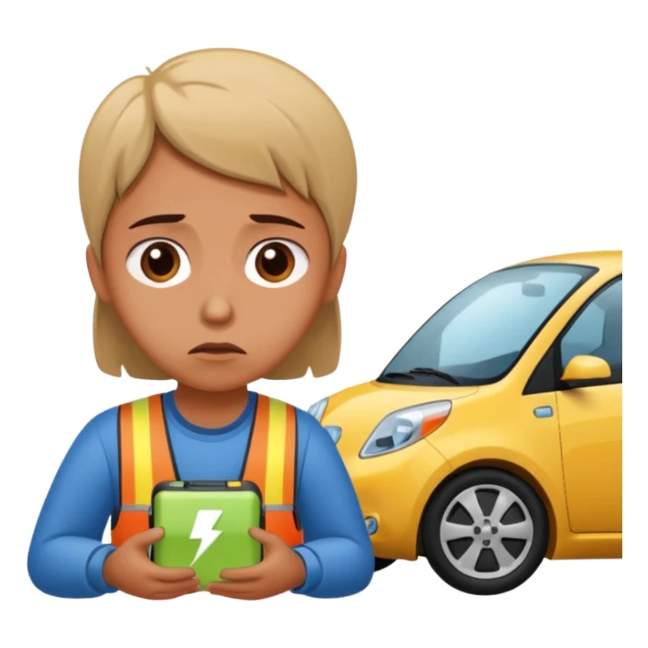 Sad person at low-battery icon next to EV. sticker