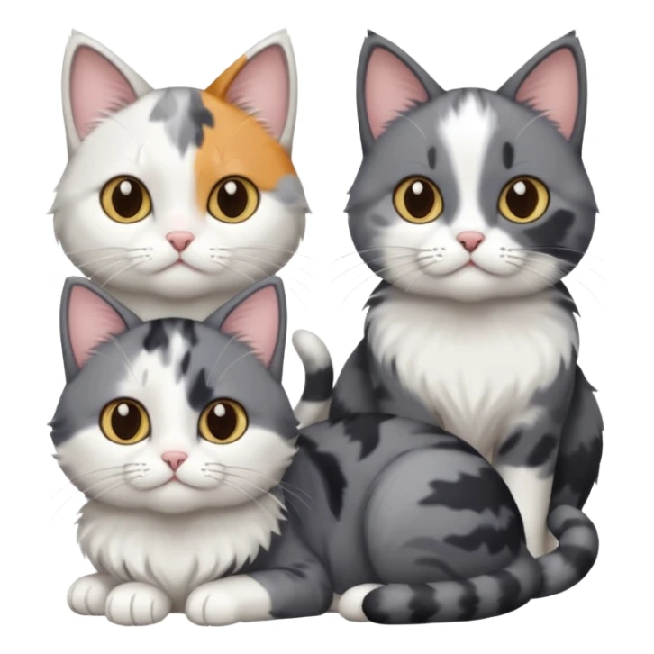 3 different coloured small cats including a dark grey and white, and a patchy calico and a solid grey with only white paws sticker