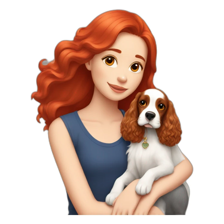 girl in long red hair sits with tricolor cocker spaniel sticker