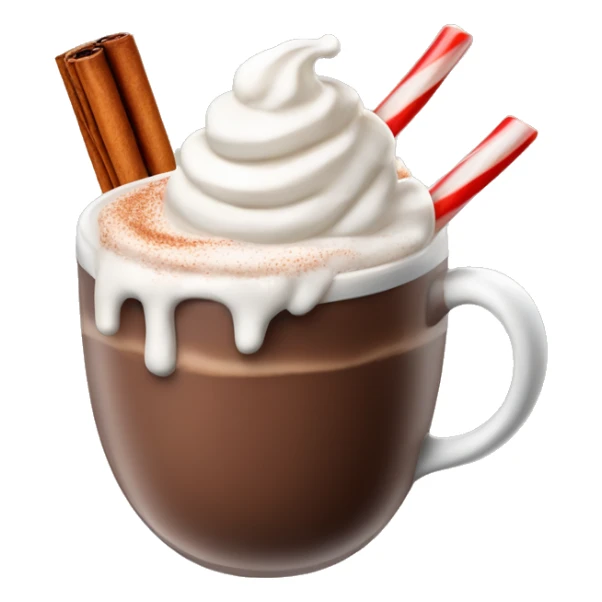 Hot chocolate with cinnamon stick and candy, cane, and whipped cream sticker