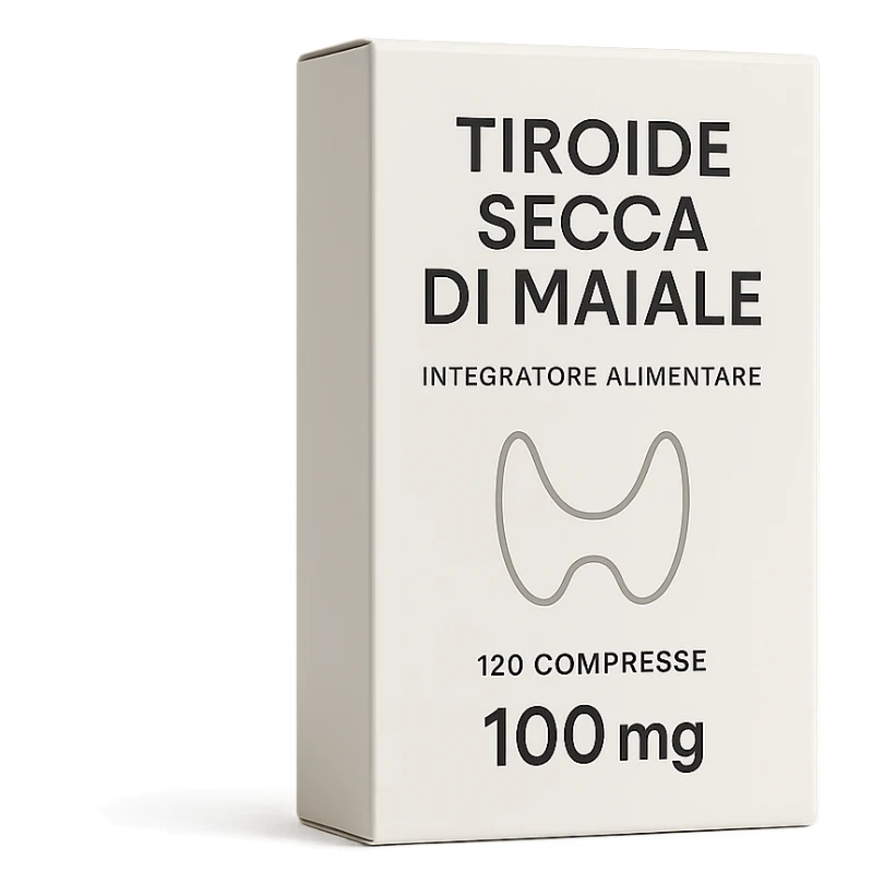 box of dietary supplement 'Tiroide Secca di Maiale', clean modern graphics, isolated on white, hyperrealistic 4K sticker