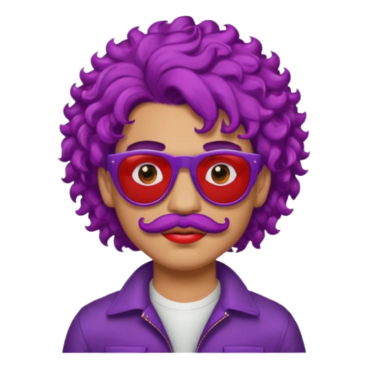 purple haired, curly big haired mexican boy with red sunglassess, vrey cool and lipstick and mstache sticker
