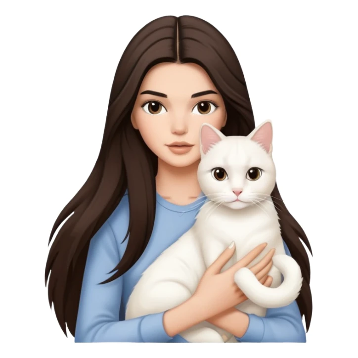 brunette Kendall Jenner with long hair holding on the hands white cat sticker