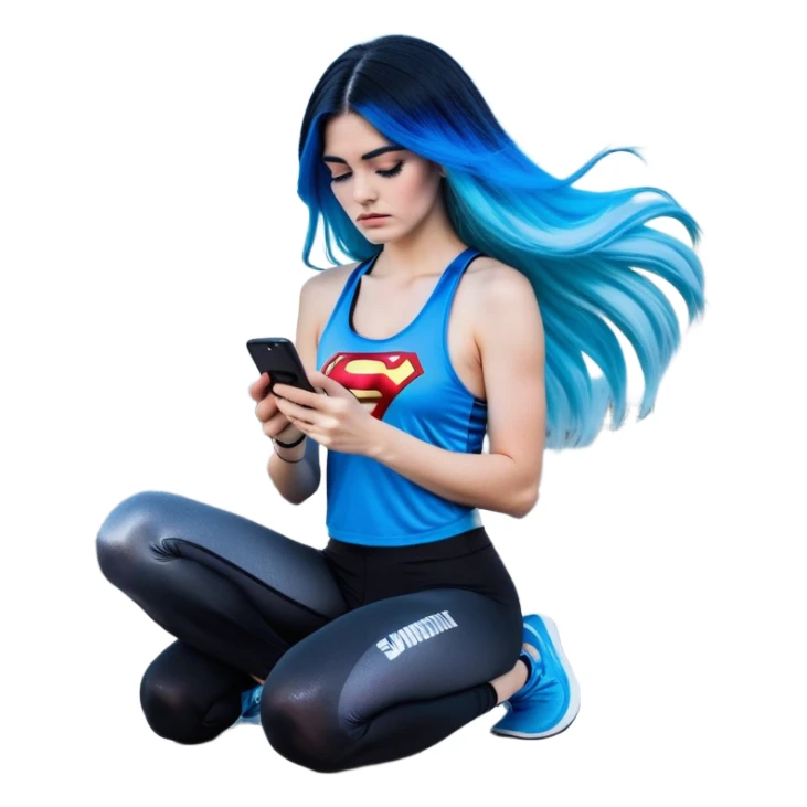 Shameful disappointed crying-very very very very big chest-texting on a samsung cell phone-very long straight flowing black to sky blue hair ombre-blue eyes-black eyeliner-long eyelashes-plastic sparkling sky blue very low cut tank top with sparkling superman logo-black leggings-nike sneakers sticker