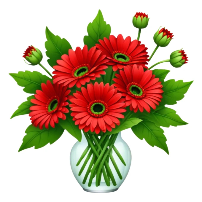 bouquet Bright Red Gerbera Daisy, luxuriant, leaf, bud sticker