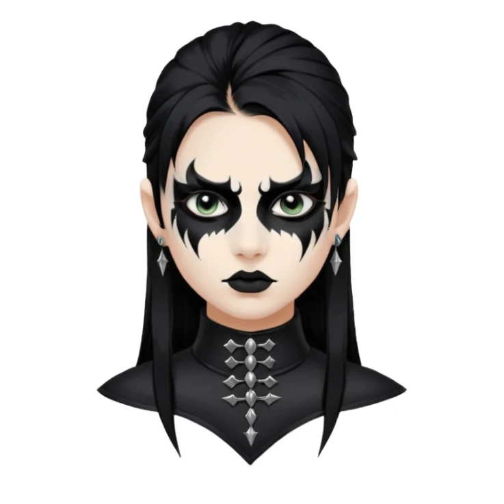 Crea una ragazza con stile black metal,  paint face black metal, capelli neri mossi dalle spalle e occhi bianchi e un collare con borchie a punta sticker