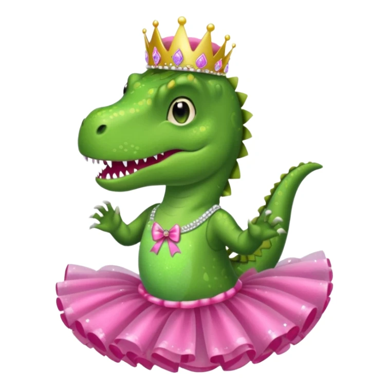 Trex wearing a tutu, tiara, and a pink glittery bow sticker
