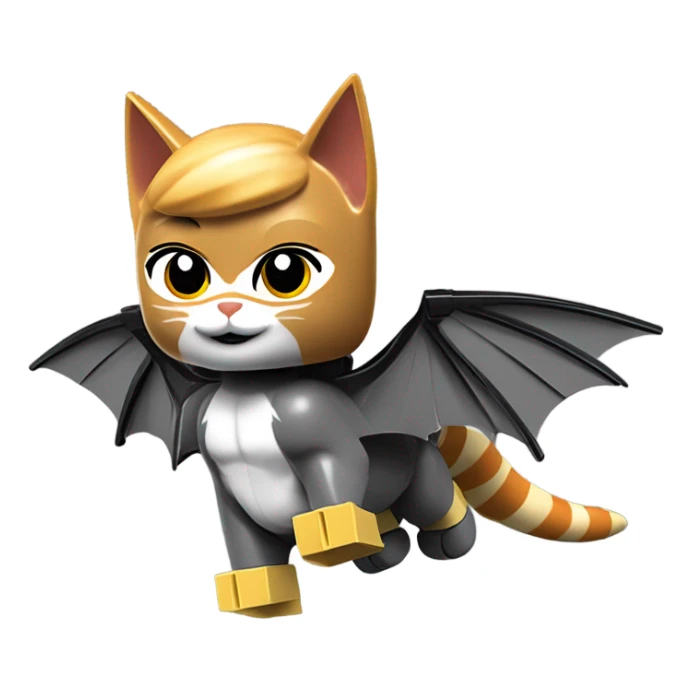 Lego Batman riding a Grey and black tabby kitten with white legs, razor sharp talons and wings of fire  sticker