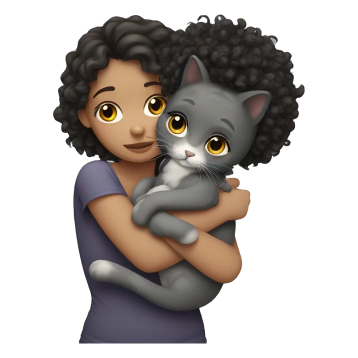 White Girl dark curly hair cuddling with grey cat sticker