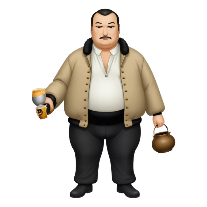 unhealthy steven segal full-body balding with ponytail. pot belly. jacket-with-tassles bblack pants big belly sticker