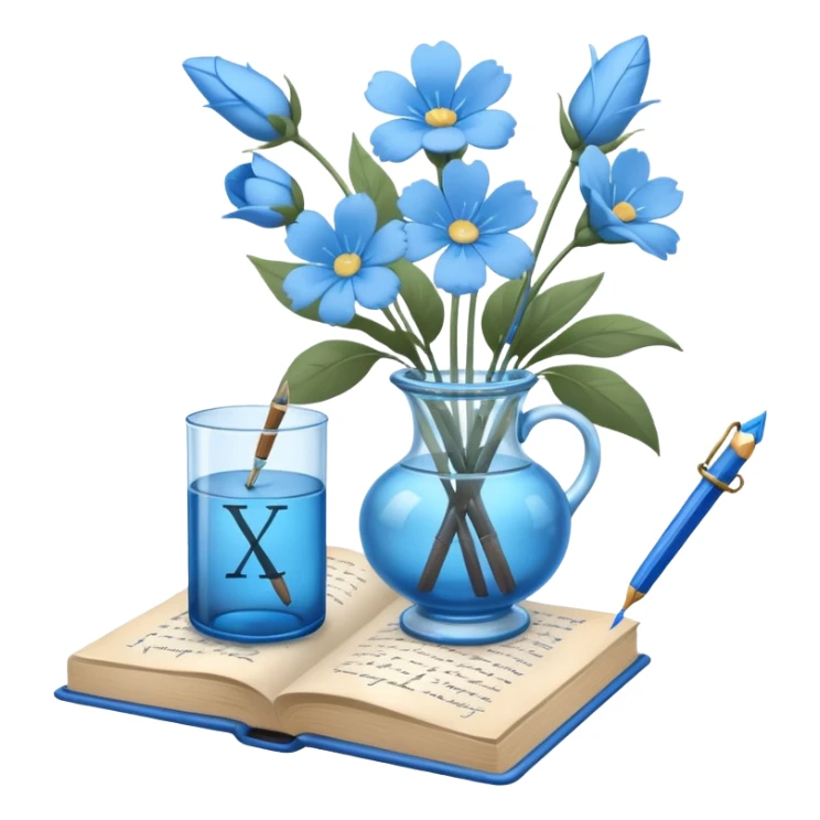 old blue book with light blue flowers in a glass vase and a writing quill, simple and clear composition, iOS style emoji sticker
