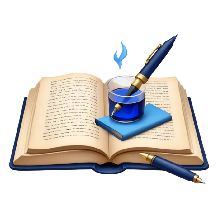 Create a vibrant emoji representing prose writing. The design should feature an open book with pages showing unfinished prose, a classic fountain pen or quill with black or dark blue ink, and an ink bottle (inkwell) next to it. The pages should have visible lines of text, but some should remain unfinished, symbolizing the creative process. Use warm, earthy tones like brown, gold, and cream for the book and background, with the ink and pen in black or dark blue. The emoji should convey the idea of storytelling, creativity, and the unfinished nature of literary work. Make the background transparent. sticker