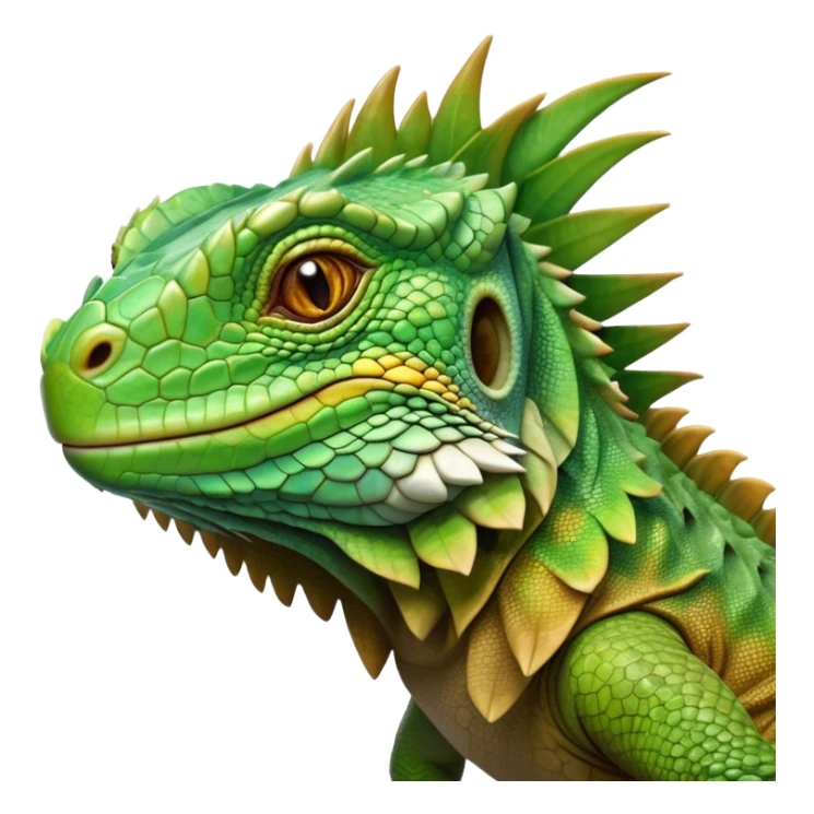 Cinematic Realistic Noble Iguana Portrait Emoji, Poised and commanding, with a robust, elongated body covered in intricately detailed, rough scales in vibrant shades of green with earthy brown accents, and a sharply defined head with piercing amber eyes, rendered with lifelike texture and natural light that accentuates every scale, high shine, intelligent and formidable, styled with an air of tropical authority, focused and attentive, soft glowing outline, capturing the essence of a watchful and confident iguana that appears ready to bask in the sun with effortless grace! sticker